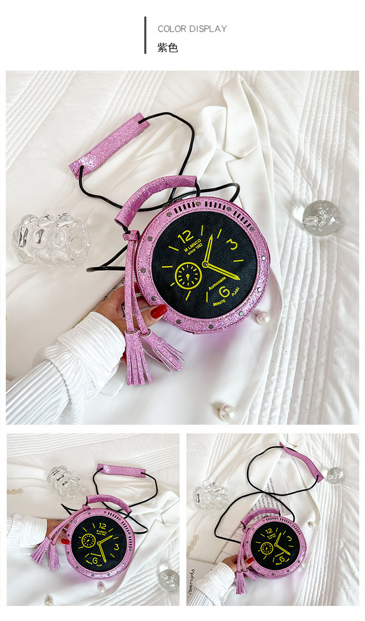 Eccentric Personality Small Bag 2021 Korean Style Fashion Tassel Vintage Clock Shape Portable Crossbody Small round Shoulder Bag