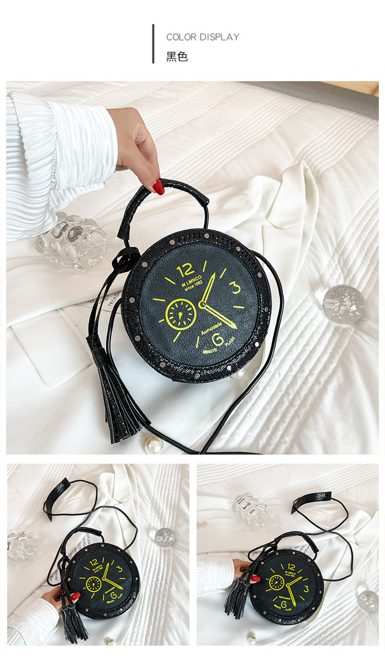 Eccentric Personality Small Bag 2021 Korean Style Fashion Tassel Vintage Clock Shape Portable Crossbody Small round Shoulder Bag
