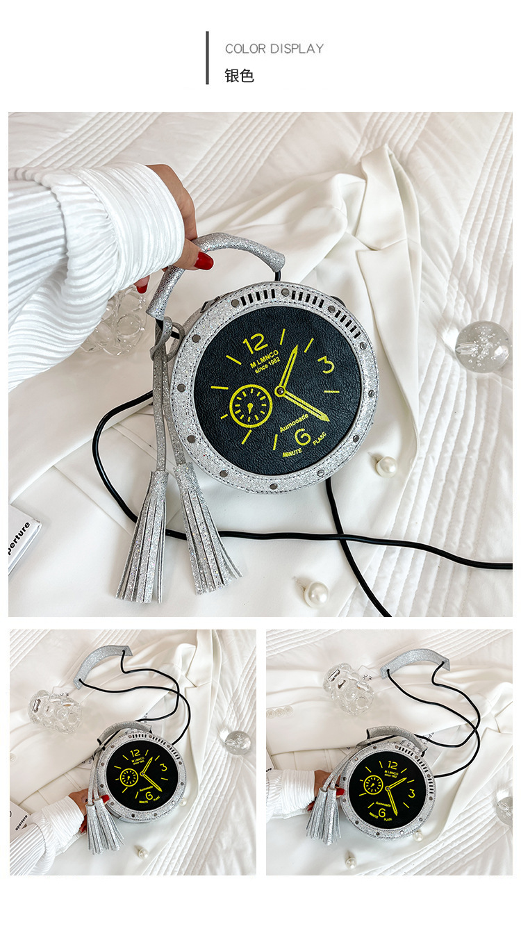 Eccentric Personality Small Bag 2021 Korean Style Fashion Tassel Vintage Clock Shape Portable Crossbody Small round Shoulder Bag