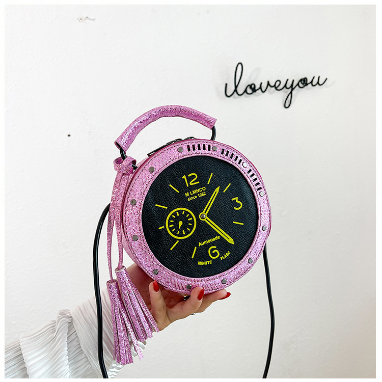 Eccentric Personality Small Bag 2021 Korean Style Fashion Tassel Vintage Clock Shape Portable Crossbody Small round Shoulder Bag