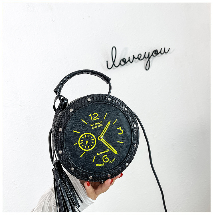 Eccentric Personality Small Bag 2021 Korean Style Fashion Tassel Vintage Clock Shape Portable Crossbody Small round Shoulder Bag