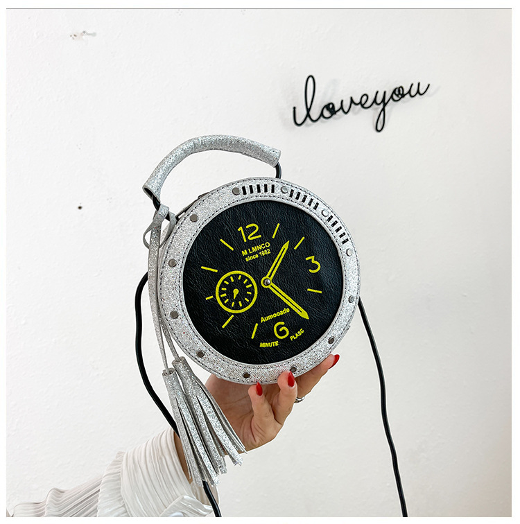 Eccentric Personality Small Bag 2021 Korean Style Fashion Tassel Vintage Clock Shape Portable Crossbody Small round Shoulder Bag