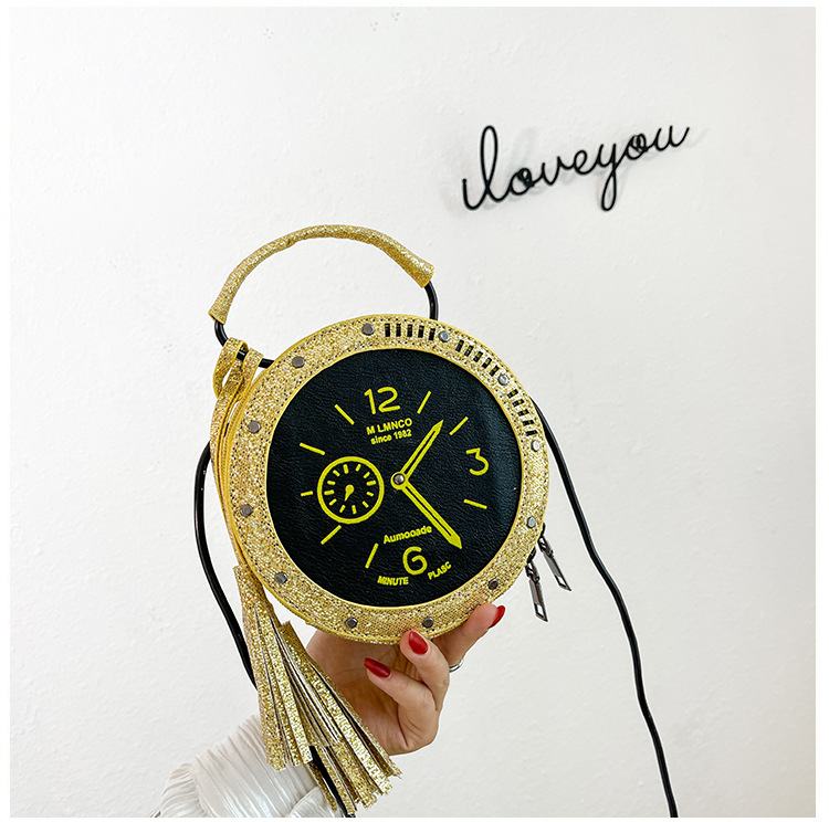 Eccentric Personality Small Bag 2021 Korean Style Fashion Tassel Vintage Clock Shape Portable Crossbody Small round Shoulder Bag