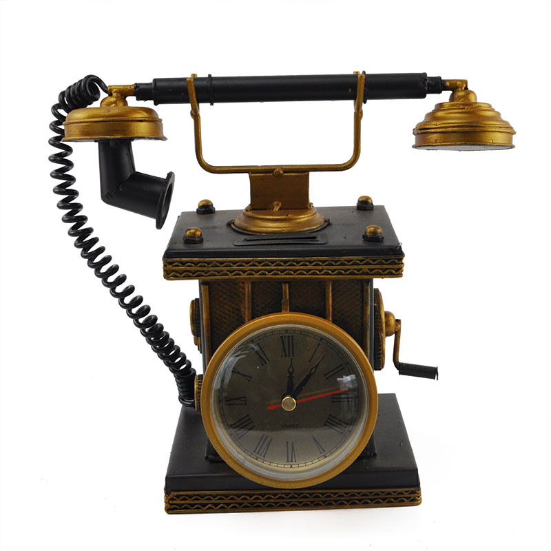 Metal Crafts Antique Old-Fashioned Clock and Telephone Decoration Collection Home Decoration Money Box Gift