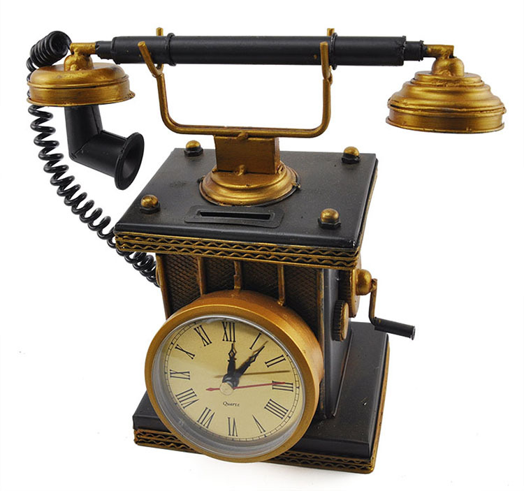 Metal Crafts Antique Old-Fashioned Clock and Telephone Decoration Collection Home Decoration Money Box Gift