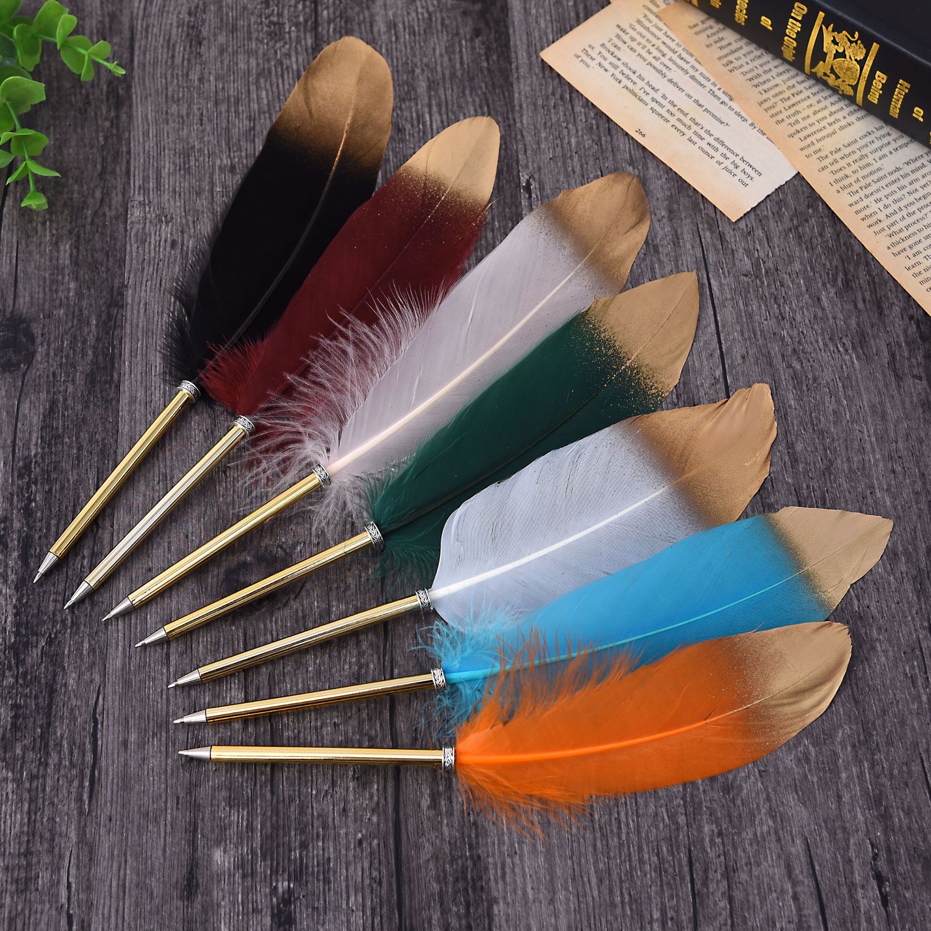 Creative Gold Spray Feather Pen Ballpoint Pen Feather Gel Pen Custom Writing Brush Christmas Gift Wedding Signature Pen