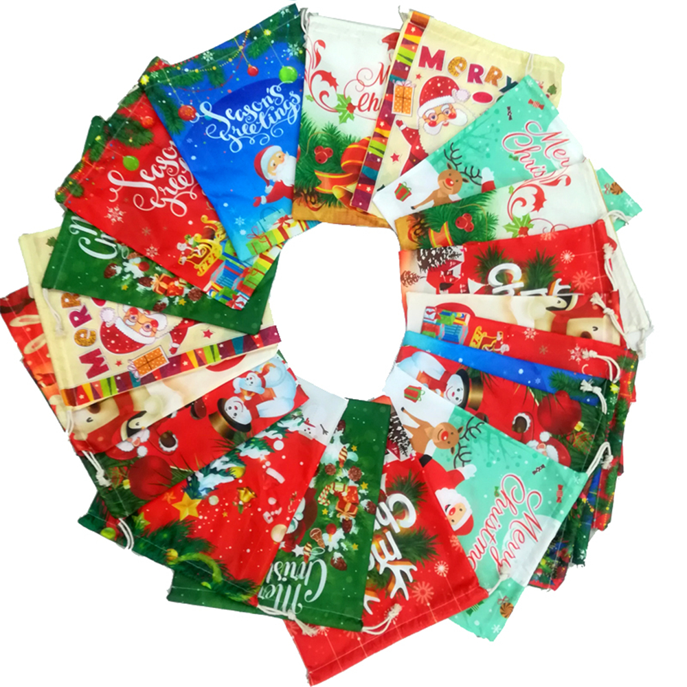 Christmas Polyester Drawstring Bag Santa Claus Festival Decorative Storage Gift Drawstring Bag Candy Gift
