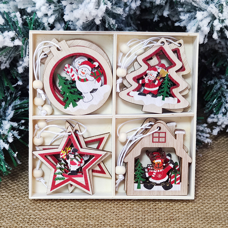 Christmas Decoration Supplies New Cartoon Wooden Christmas Tree Small Pendant Christmas Decorative Tree Ornaments Gift Box Packaging