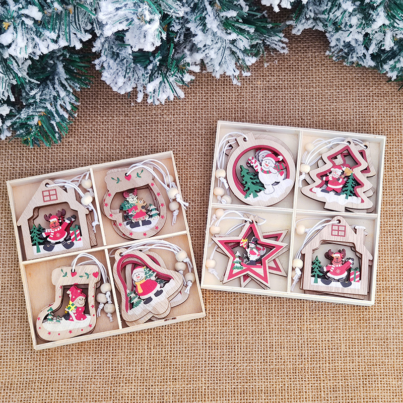 Christmas Decoration Supplies New Cartoon Wooden Christmas Tree Small Pendant Christmas Decorative Tree Ornaments Gift Box Packaging