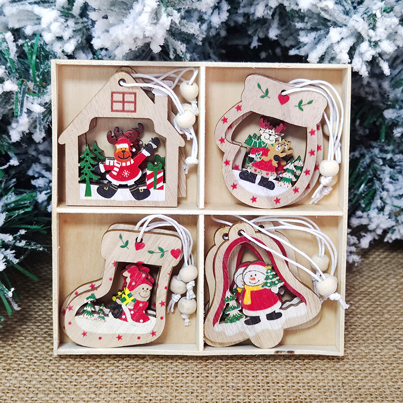 Christmas Decoration Supplies New Cartoon Wooden Christmas Tree Small Pendant Christmas Decorative Tree Ornaments Gift Box Packaging