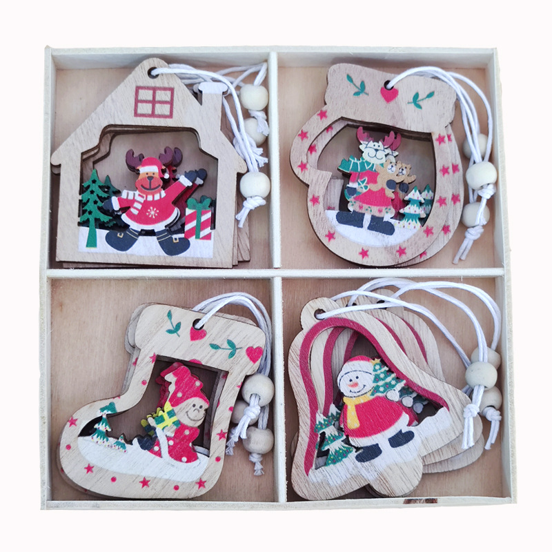 Christmas Decoration Supplies New Cartoon Wooden Christmas Tree Small Pendant Christmas Decorative Tree Ornaments Gift Box Packaging