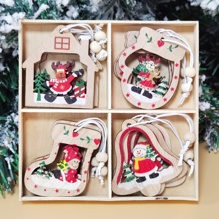 Christmas Decoration Supplies New Cartoon Wooden Christmas Tree Small Pendant Christmas Decorative Tree Ornaments Gift Box Packaging