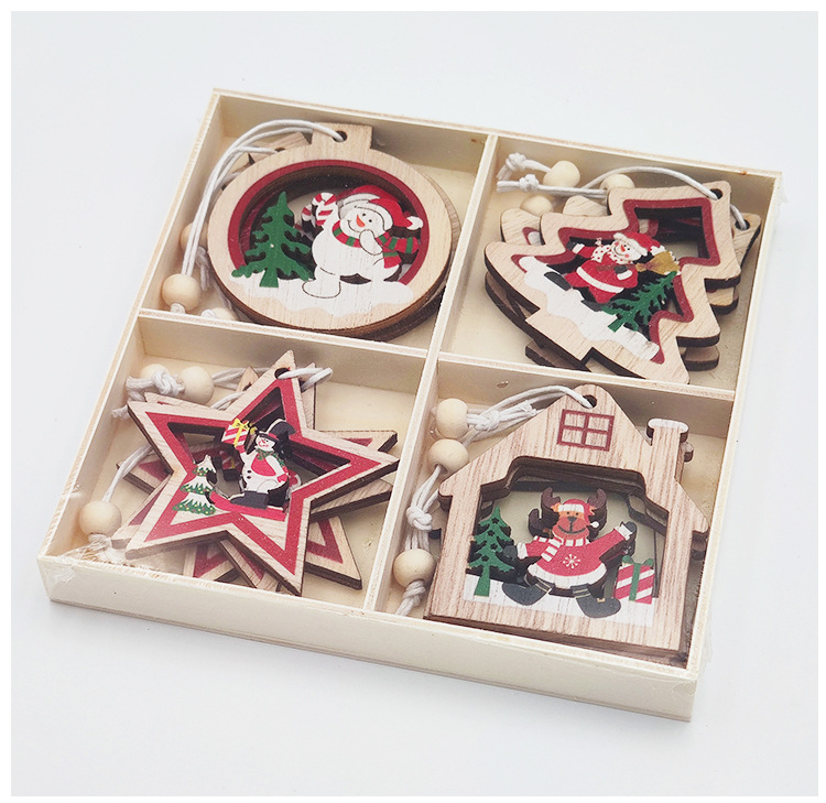 Christmas Decoration Supplies New Cartoon Wooden Christmas Tree Small Pendant Christmas Decorative Tree Ornaments Gift Box Packaging