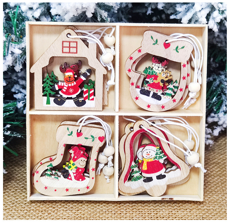 Christmas Decoration Supplies New Cartoon Wooden Christmas Tree Small Pendant Christmas Decorative Tree Ornaments Gift Box Packaging