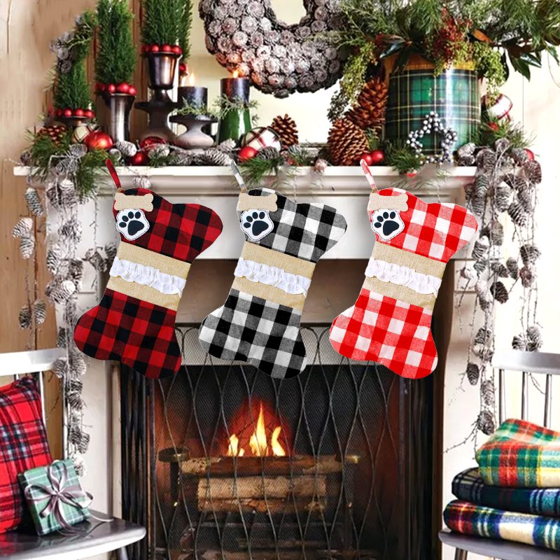 Christmas Decoration Pet Bag Dog&#039;s Paw Bone Gift Bag Red Black Black White Red White Imitation Linen Bag