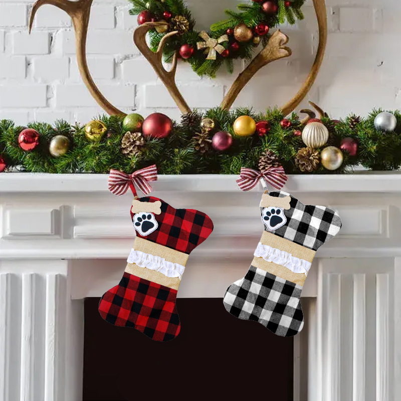 Christmas Decoration Pet Bag Dog's Paw Bone Gift Bag Red Black Black White Red White Imitation Linen Bag