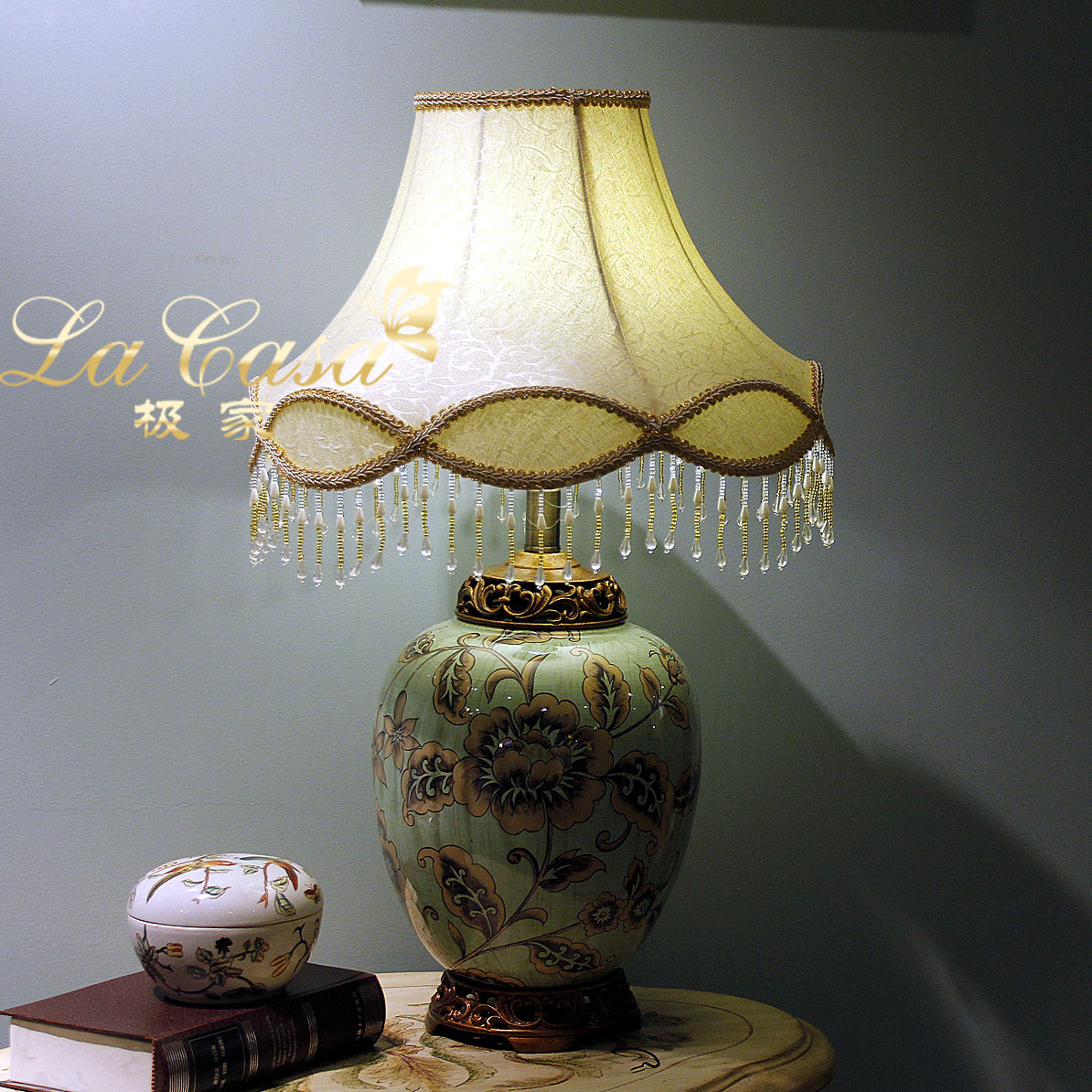 American-style rural modern minimalist fashion green Peony table lamp home decor hand-painted ornaments and crafts