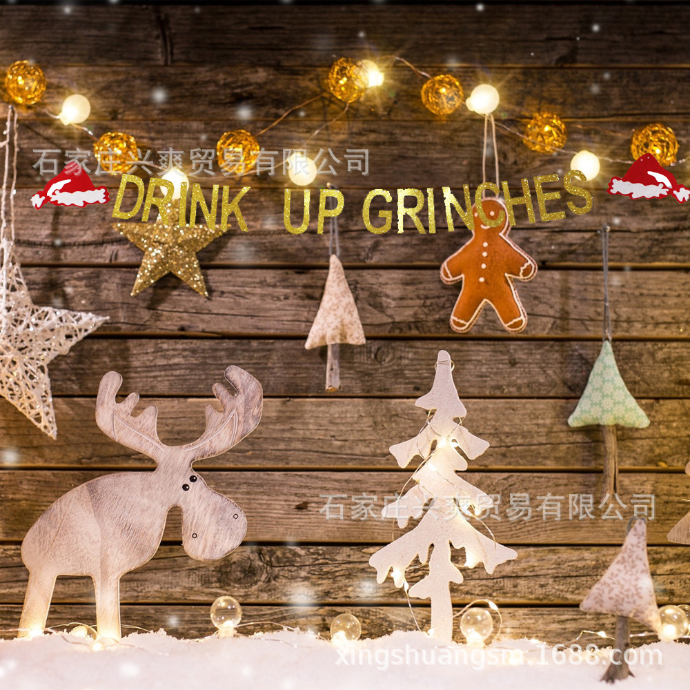 Christmas Hanging Flag Products Accessories Pendant Christmas Hat Gold Leaf Hanging Flag DRINK UP GRINCHES