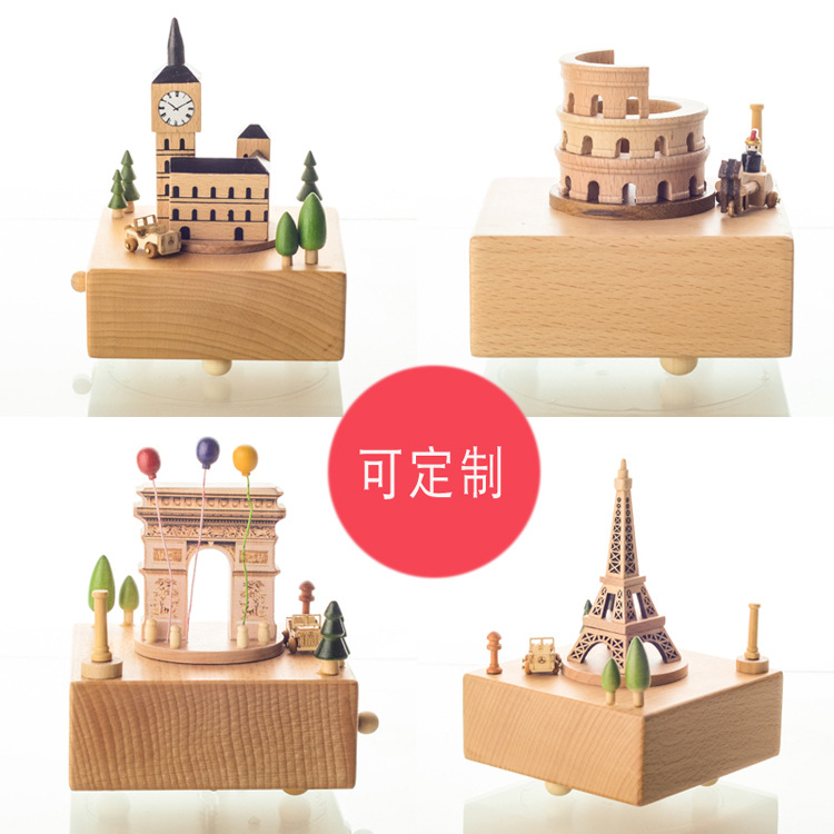 Manufacturer&#039;s Handicraft Nordic Minimalist Style Sky City Rotating Music Box Music Box Solid Wood Crafts