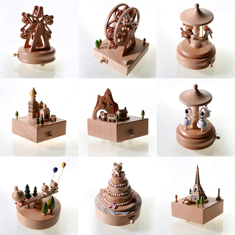 Manufacturer&#039;s Handicraft Nordic Minimalist Style Sky City Rotating Music Box Music Box Solid Wood Crafts