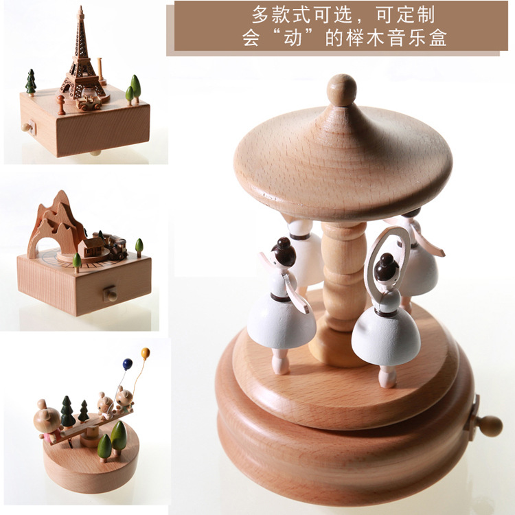 Manufacturer&#039;s Handicraft Nordic Minimalist Style Sky City Rotating Music Box Music Box Solid Wood Crafts