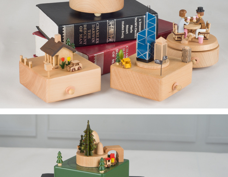 Manufacturer's Handicraft Nordic Minimalist Style Sky City Rotating Music Box Music Box Solid Wood Crafts