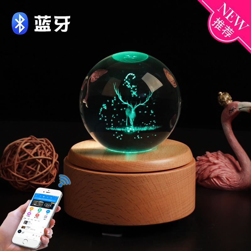 Music Box Wooden Crystal Ball Music Box Home Creative Solid Wood Rotating Luminous Crafts Gift Wholesale Ornaments
