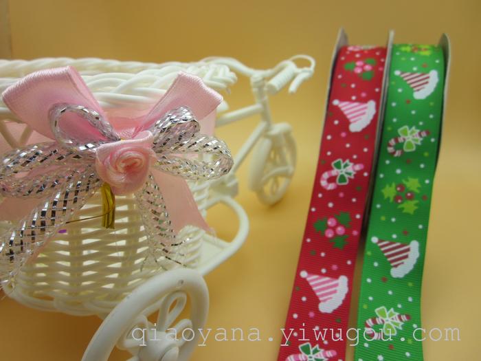 Factory Direct Sales Ribbon Printing Christmas Hat Printing Ribbon 2.5cm Ribbed Band Printing Christmas Snowflake Bell