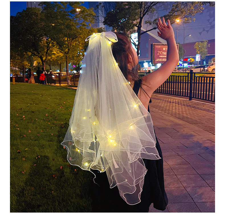 Wedding Flower Girl Super Fairy Luminous Veil with Light Clip TikTok Same Style Children Baby Hairpin Parent-Child Photography Artifact
