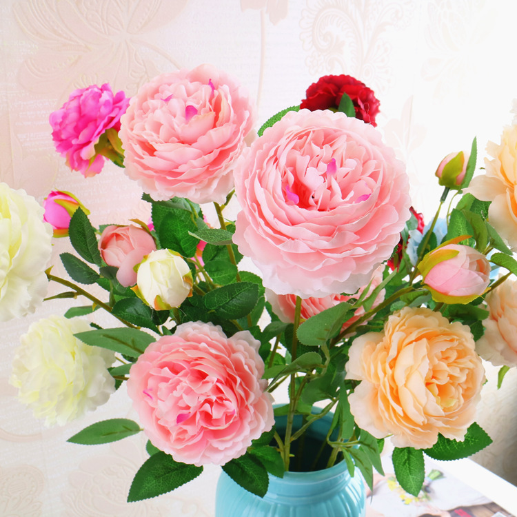 Western Rose Wedding Celebration Decoration Artificial Flower Artificial Flower European-Style Core 3 Peony Wholesale Origin Supply