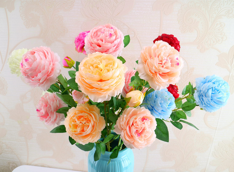 Western Rose Wedding Celebration Decoration Artificial Flower Artificial Flower European-Style Core 3 Peony Wholesale Origin Supply