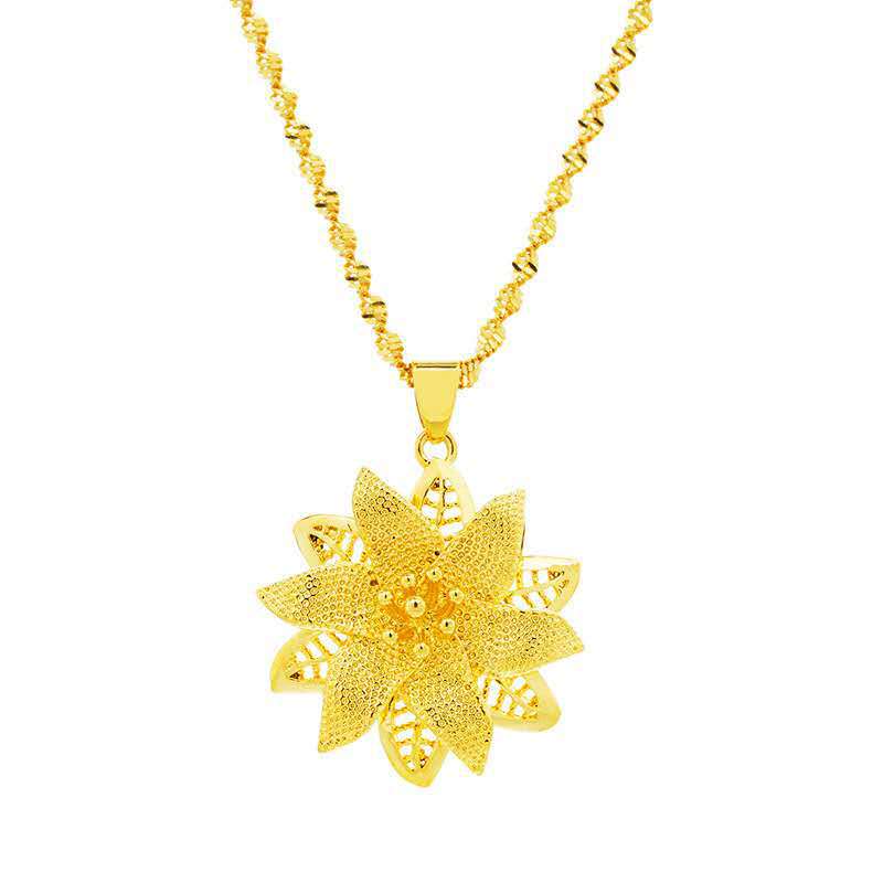 Vietnam Placer Gold Women&#039;s Bauhinia Necklace Brass Gold-Plated Flowers Rings Ear Studs Three-Piece Suit Wedding Accessories