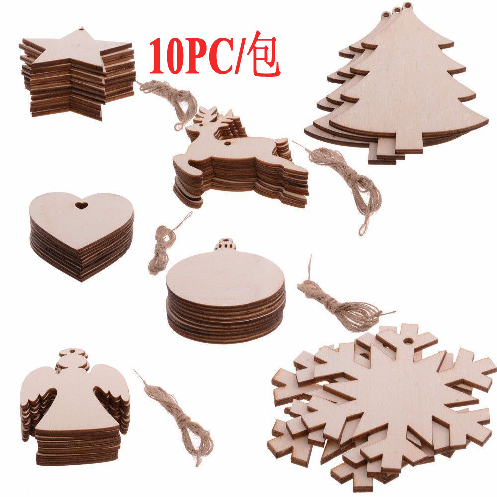 10pc/Pack Foreign Trade Hot Sale Wooden Craftwork Christmas Tree Snowflake Snowman Wood Piece Home Decorations Small Pendant