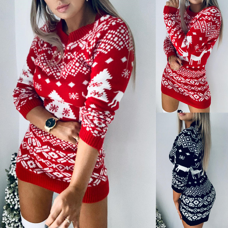 Fall/Winter 2020 New Knitwear Women Amazon European and American All-Matching Christmas Theme Knitted Long-Sleeved Dress