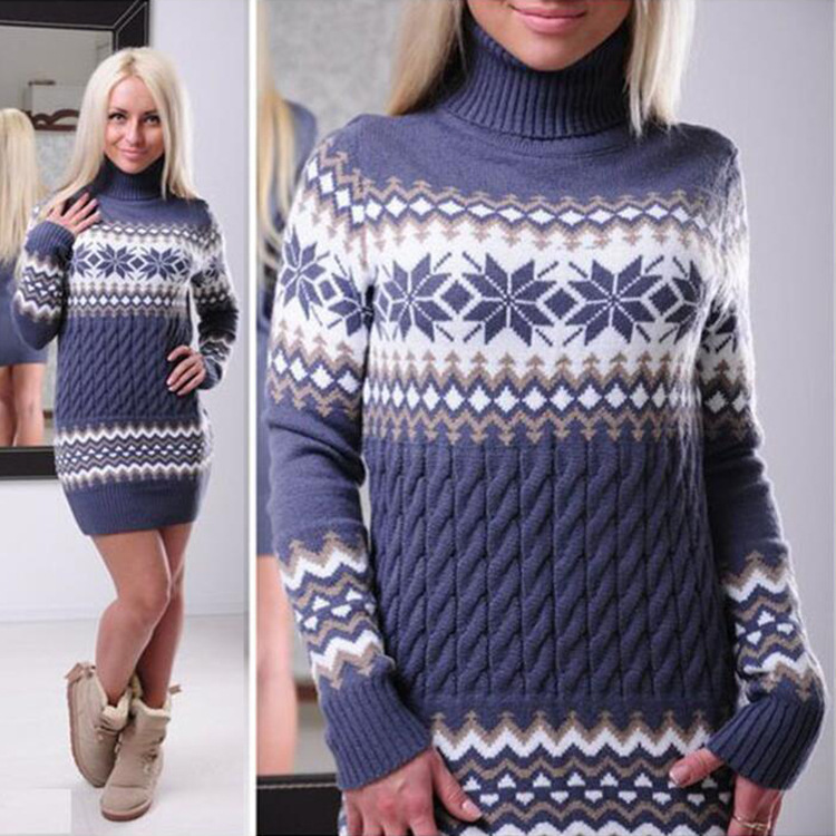 Aliexpress amazon hot style \&#034;women &#039;s Christmas turtleneck dress long snowflake pullover knitwear