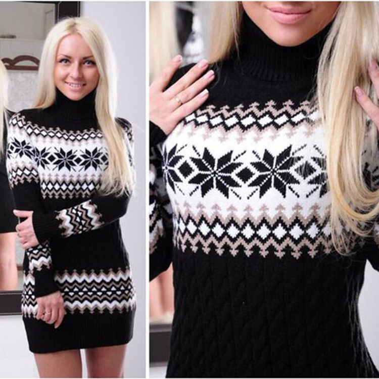Aliexpress amazon hot style \&#034;women &#039;s Christmas turtleneck dress long snowflake pullover knitwear