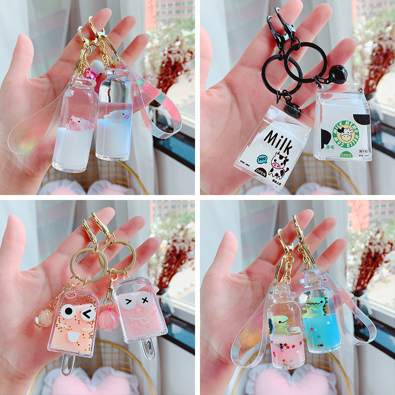 Tiktok Same Style Floating Pig Oil Cute Cartoon Milk Surfing Pig Quicksand Acrylic Bag Keychain Pendant