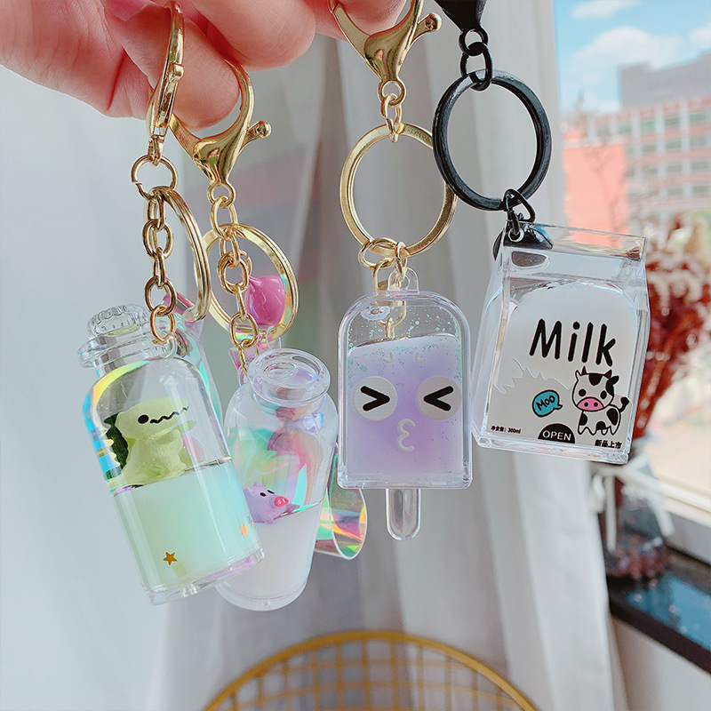 Tiktok Same Style Floating Pig Oil Cute Cartoon Milk Surfing Pig Quicksand Acrylic Bag Keychain Pendant