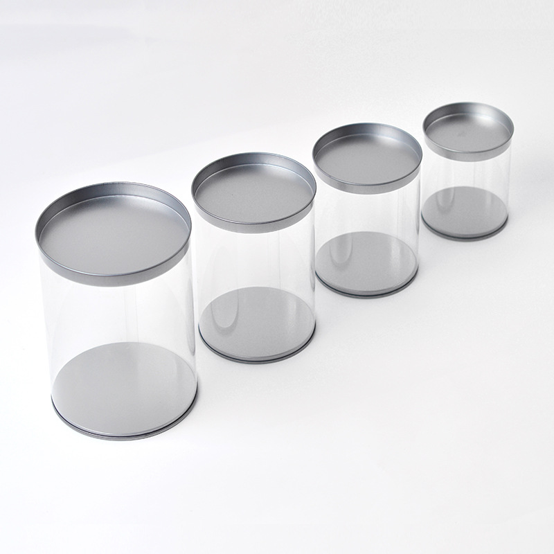 Creative Tinplate Lid Fully Transparent PVC Plastic Packing Box Keychain Rubber Band Packaging round Plastic Tank