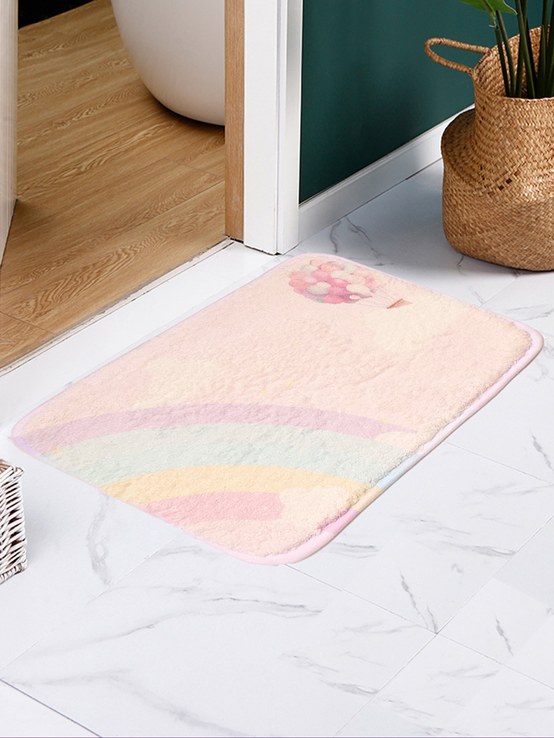 Door Mat Rainbow Unicorn Hot Air Balloon Element Suede Bathroom Doorway Water-Absorbing Non-Slip Mat Children's Room Decoration