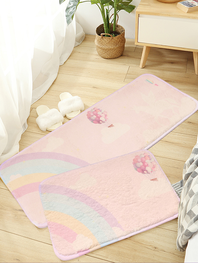 Door Mat Rainbow Unicorn Hot Air Balloon Element Suede Bathroom Doorway Water-Absorbing Non-Slip Mat Children's Room Decoration