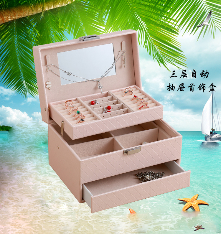 Three-Layer Automatic Drawer Jewelry Box Jewelry Storage Box Korean Watch Necklace Ear Stud Ring Box Simple Packing Box Three-Layer Automatic Drawer Jewelry Box Jewelry Storage Box Korean Watch Necklace Ear Stud Ring Box Simple Packing Box