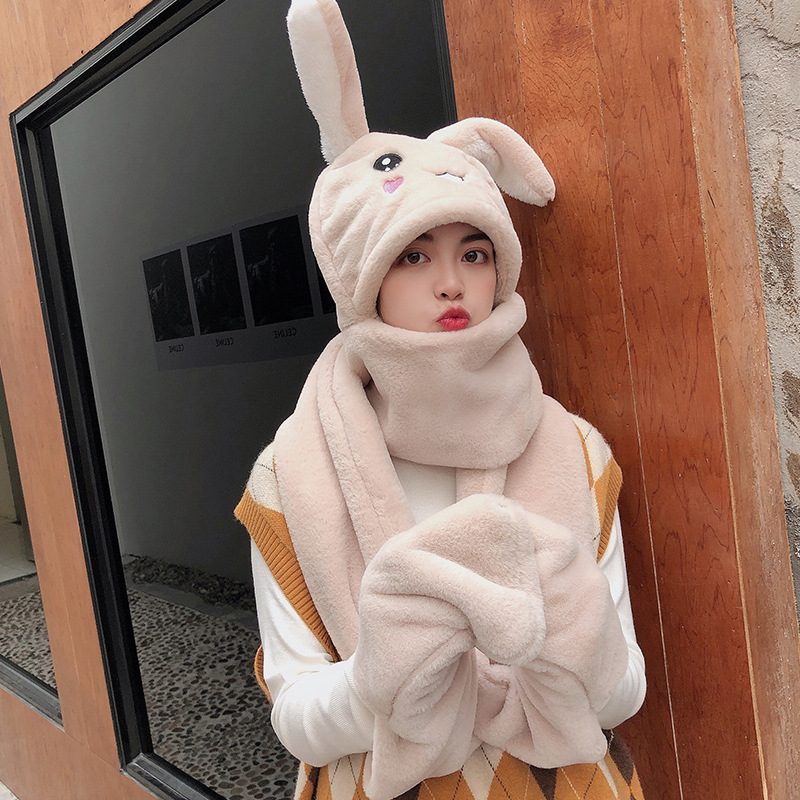 Hat Scarf Integrated Female Autumn and Winter 2021 Cute Cycling Foreign Trade Internet Hot New Girl Rabbit Ears Moving