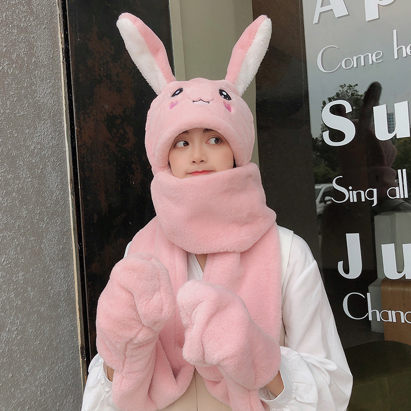 Hat Scarf Integrated Female Autumn and Winter 2021 Cute Cycling Foreign Trade Internet Hot New Girl Rabbit Ears Moving