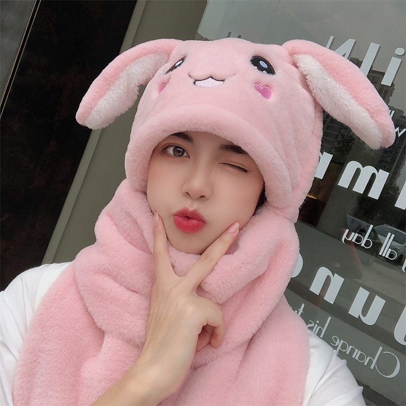 Hat Scarf Integrated Female Autumn and Winter 2021 Cute Cycling Foreign Trade Internet Hot New Girl Rabbit Ears Moving