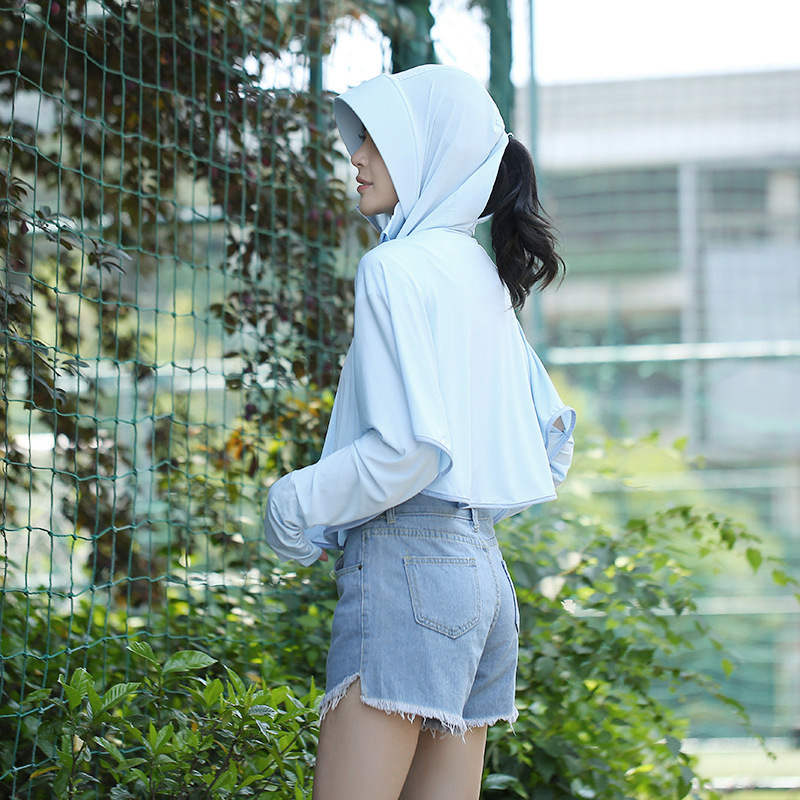 Outdoor Leisure Zipper Hat Big Brim Ice Silk Sun Protection Clothing Women&#039;s Summer Breathable Loose Long Sleeve Jacket Sun-Proof Clothing