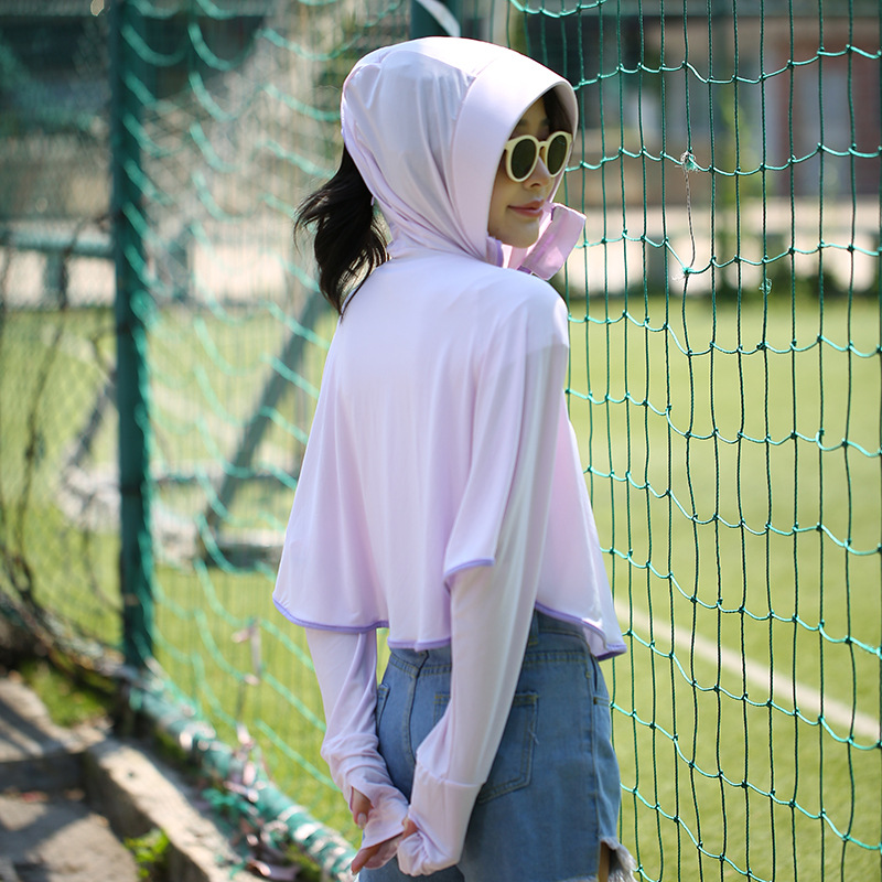 Outdoor Leisure Zipper Hat Big Brim Ice Silk Sun Protection Clothing Women's Summer Breathable Loose Long Sleeve Jacket Sun-Proof Clothing