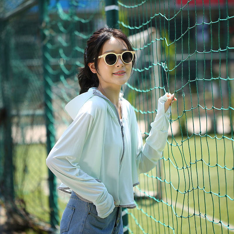 Outdoor Leisure Zipper Hat Big Brim Ice Silk Sun Protection Clothing Women's Summer Breathable Loose Long Sleeve Jacket Sun-Proof Clothing