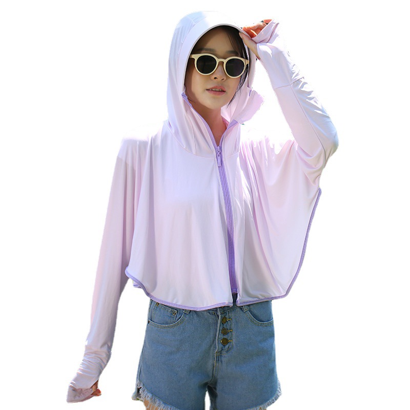 Outdoor Leisure Zipper Hat Big Brim Ice Silk Sun Protection Clothing Women&#039;s Summer Breathable Loose Long Sleeve Jacket Sun-Proof Clothing