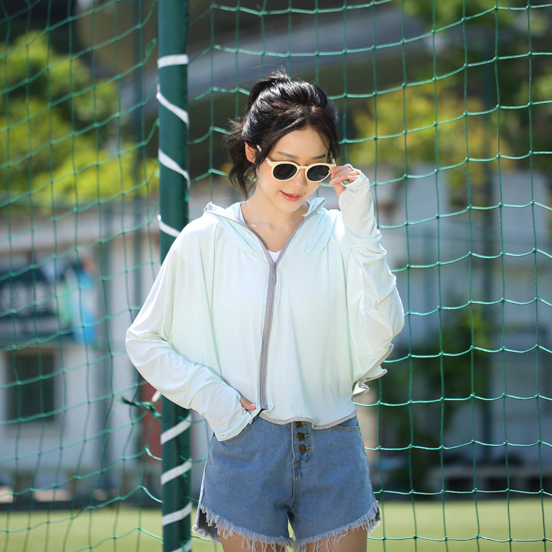 Outdoor Leisure Zipper Hat Big Brim Ice Silk Sun Protection Clothing Women's Summer Breathable Loose Long Sleeve Jacket Sun-Proof Clothing